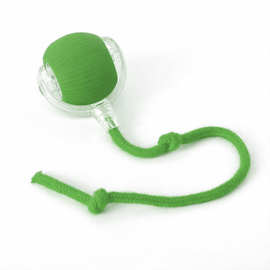 Green textured ball with a rope on a white background