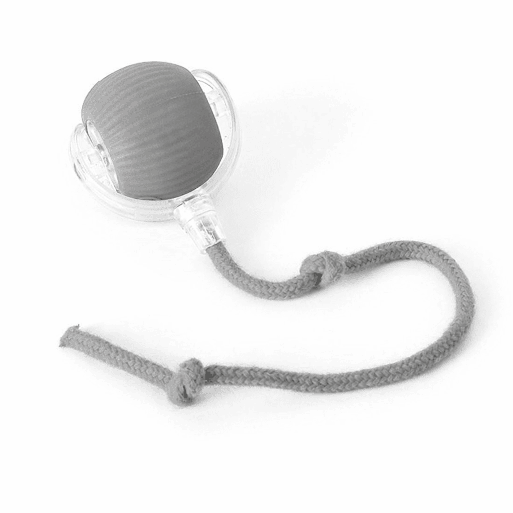 Gray textured ball with a rope on a white background