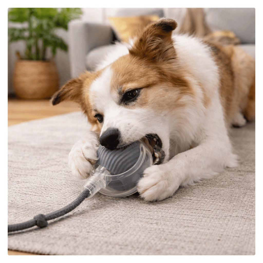 Dog playing with a toy on a carpeted floor